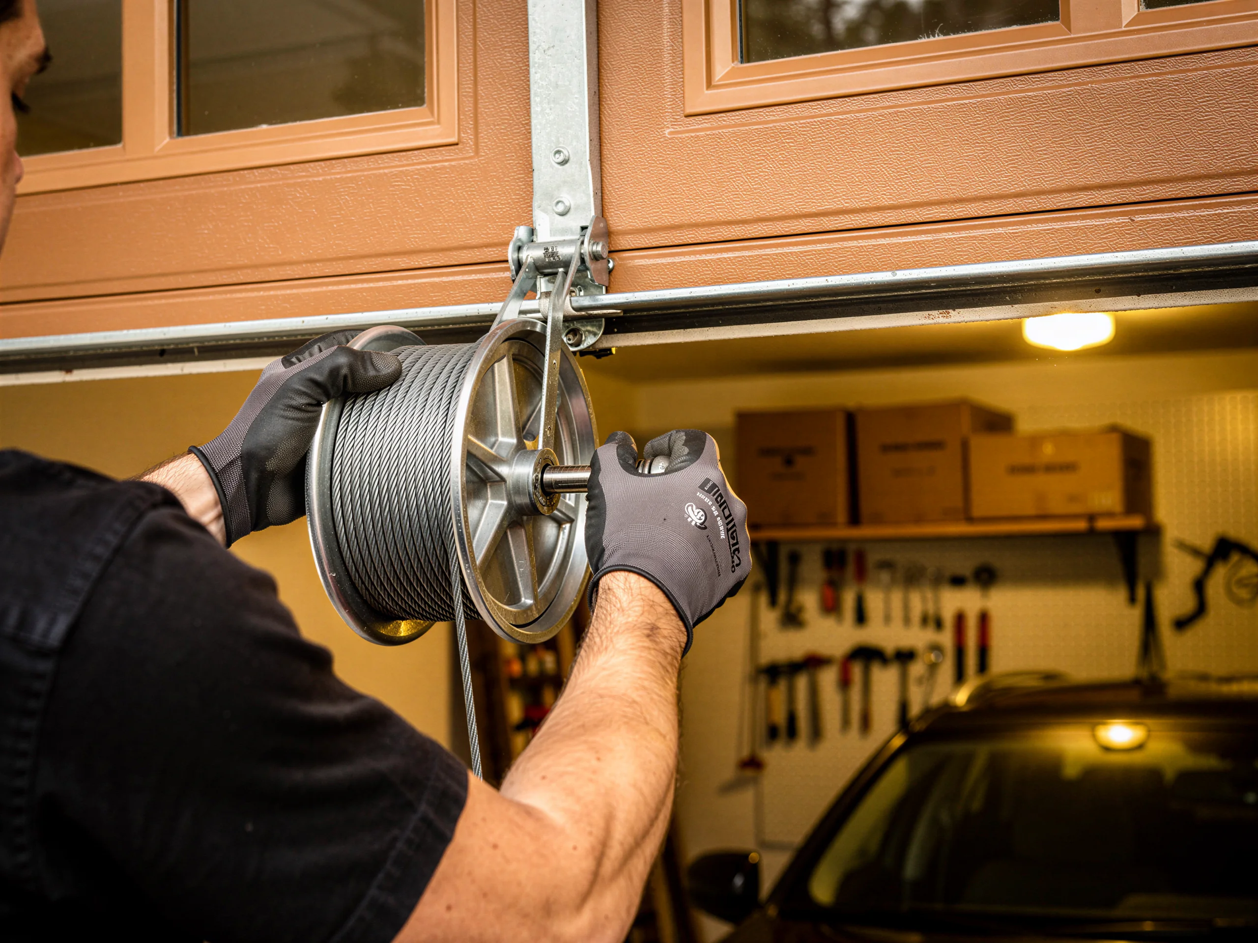 A technician wearing gloves is installing a new cable drum on a garage door.