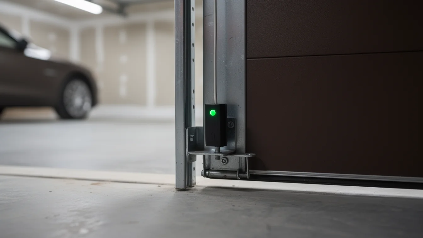 A safety sensor with a green light is mounted on a garage door track.