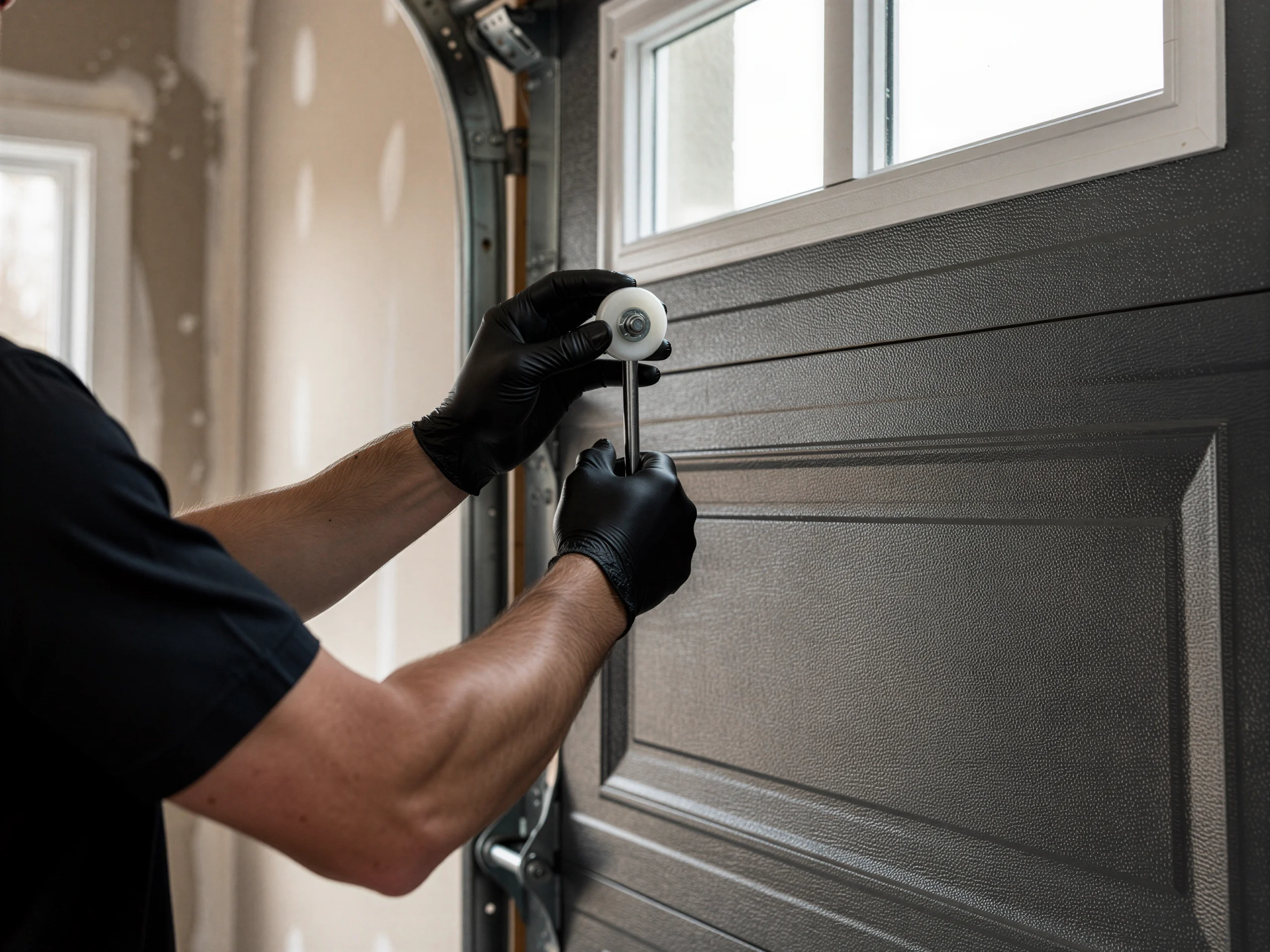 A technician wearing black gloves installs a roller on a dark gray garage door.