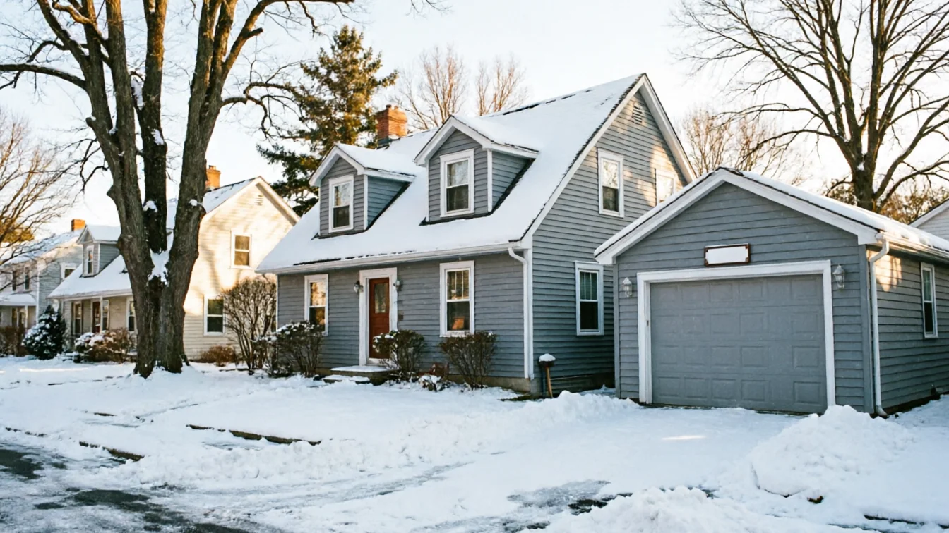 The house and detached garage are covered in snow on a winter day.