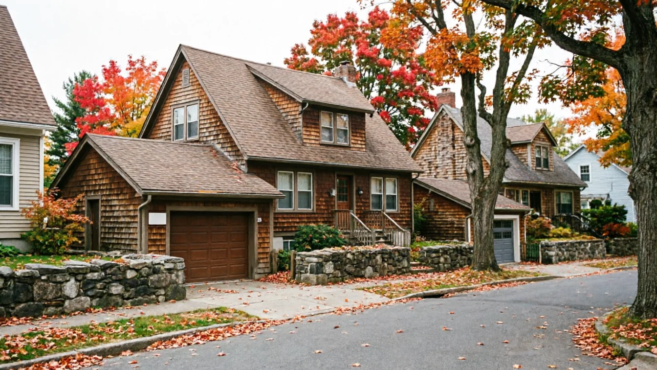 A brown house with a brown garage door and autumn leaves on the ground.