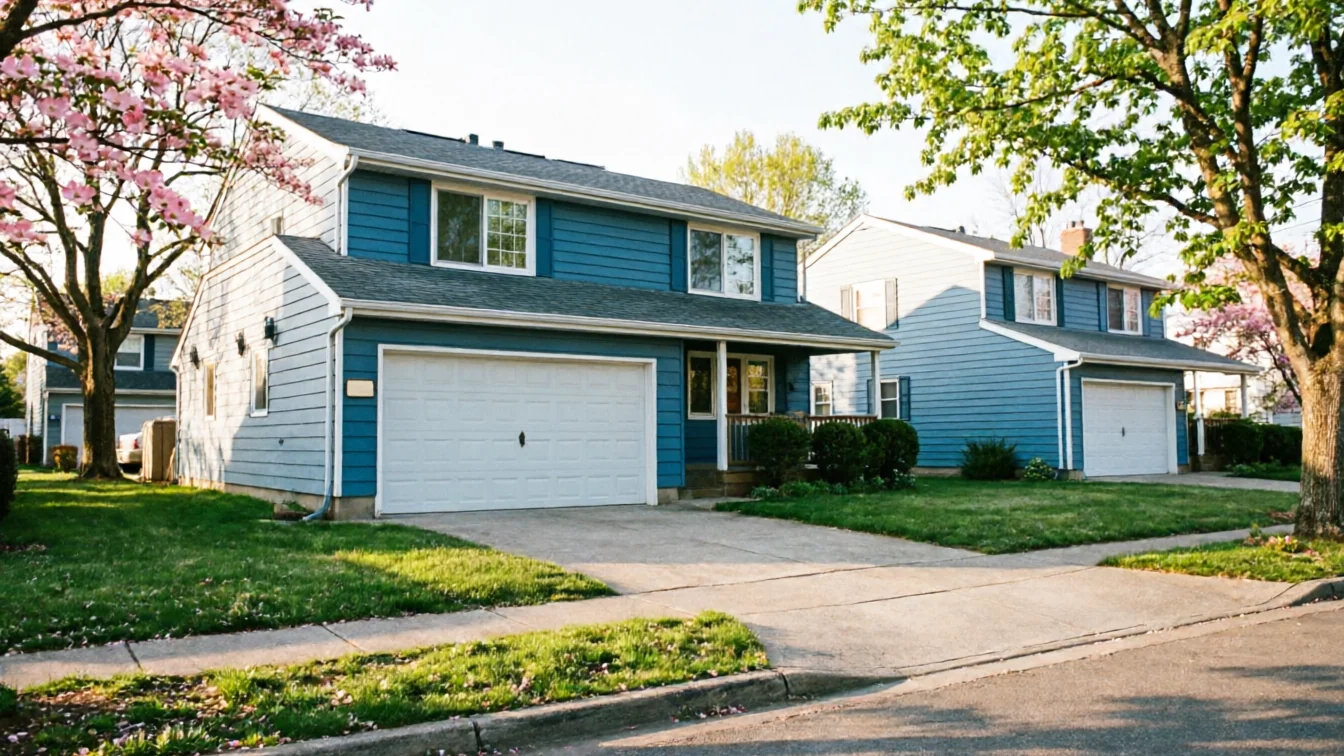 Two blue houses with white garage doors and green lawns line a suburban street.